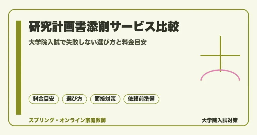 研究計画書添削サービス比較の記事アイキャッチ。大学院入試で失敗しない選び方、料金目安、面接対策を示す図解。