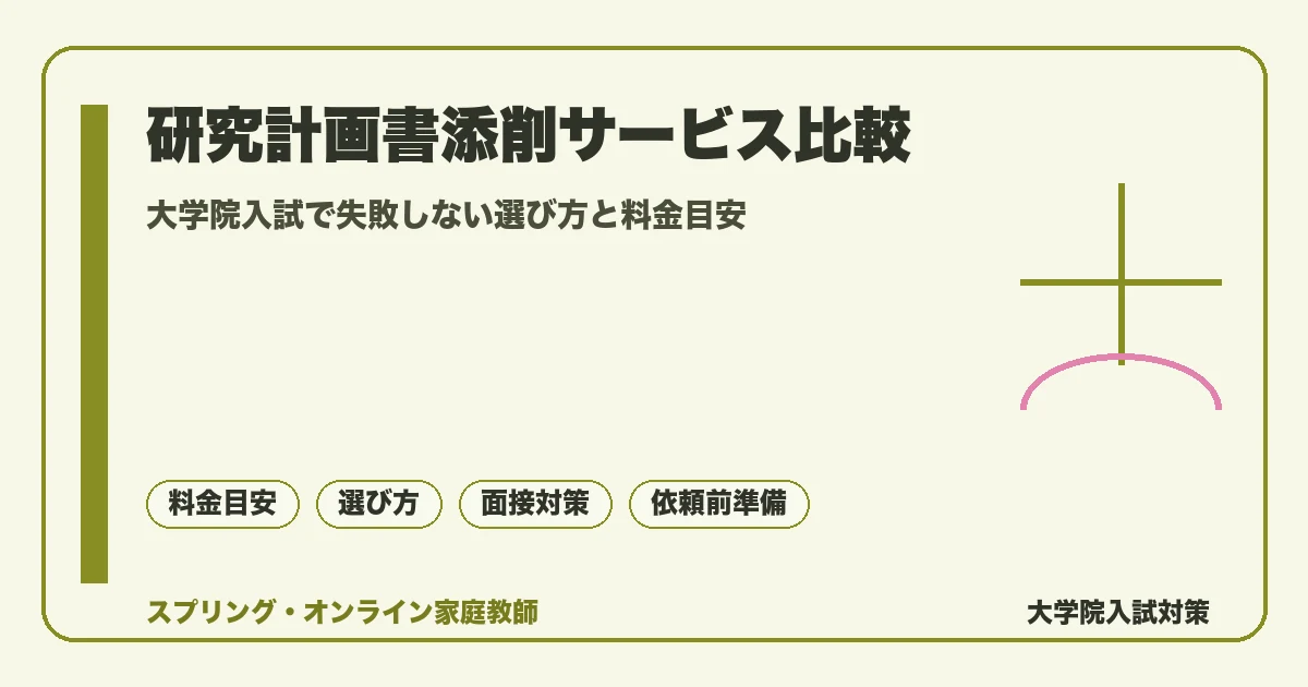 研究計画書添削サービス比較の記事アイキャッチ。大学院入試で失敗しない選び方、料金目安、面接対策を示す図解。