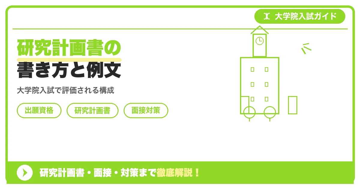 研究計画書の書き方と例文の記事アイキャッチ画像。大学院入試対策の出願資格・試験科目・対策を示す図解。