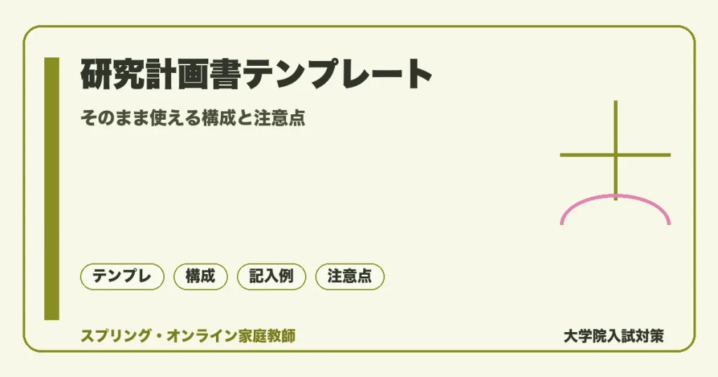 大学院研究計画書テンプレート｜そのまま使える構成と注意点の記事アイキャッチ。そのまま使える構成と注意点を落ち着いたトーンで示す図解。