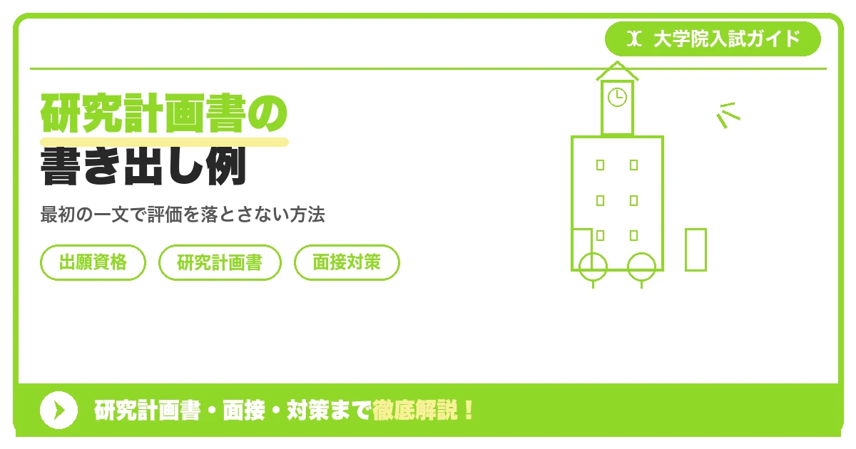 研究計画書の書き出し例の記事アイキャッチ画像。大学院入試対策の出願資格・試験科目・対策を示す図解。