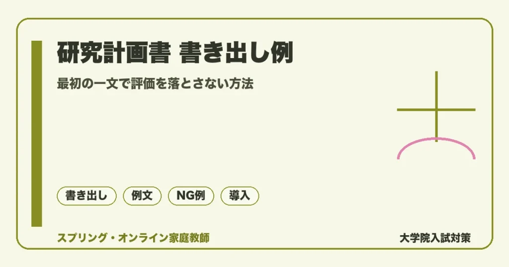 研究計画書の書き出し例｜最初の一文で評価を落とさない方法の記事アイキャッチ。最初の一文で評価を落とさない方法を落ち着いたトーンで示す図解。