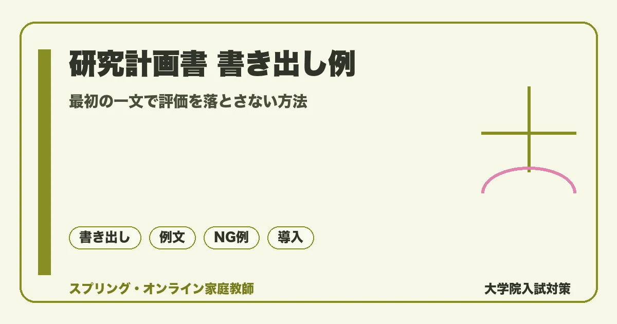 研究計画書の書き出し例|最初の一文で評価を落とさない方法の記事アイキャッチ。最初の一文で評価を落とさない方法を落ち着いたトーンで示す図解。
