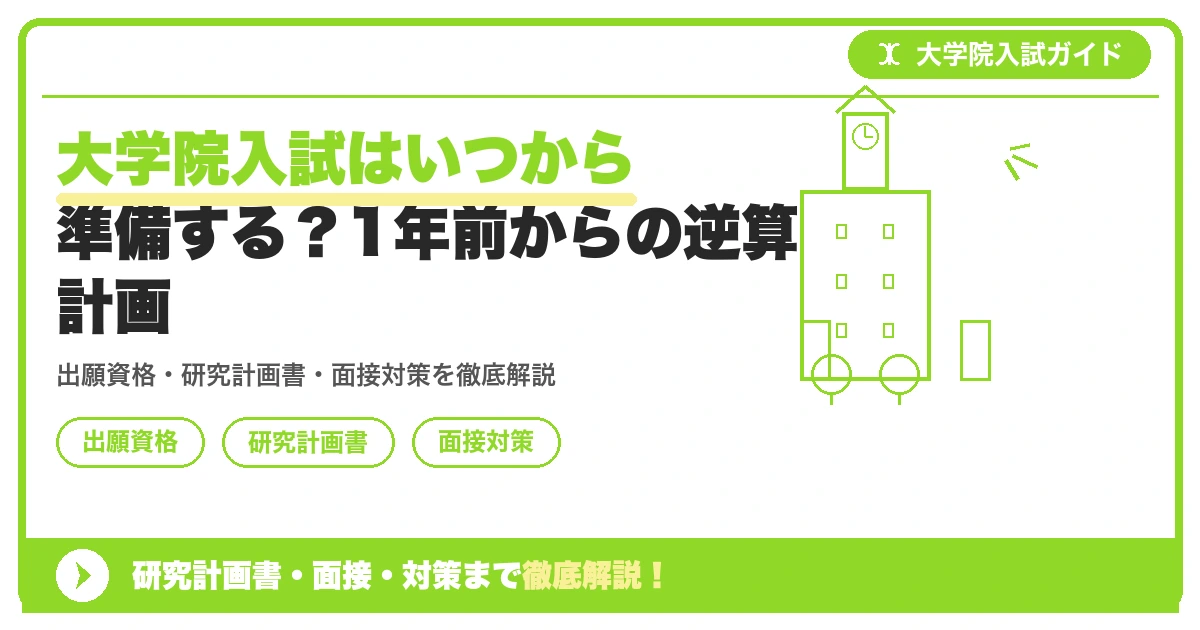 大学院入試はいつから準備する?1年前からの逆算計画の記事アイキャッチ画像。大学院入試対策の出願資格・試験科目・対策を示す図解。