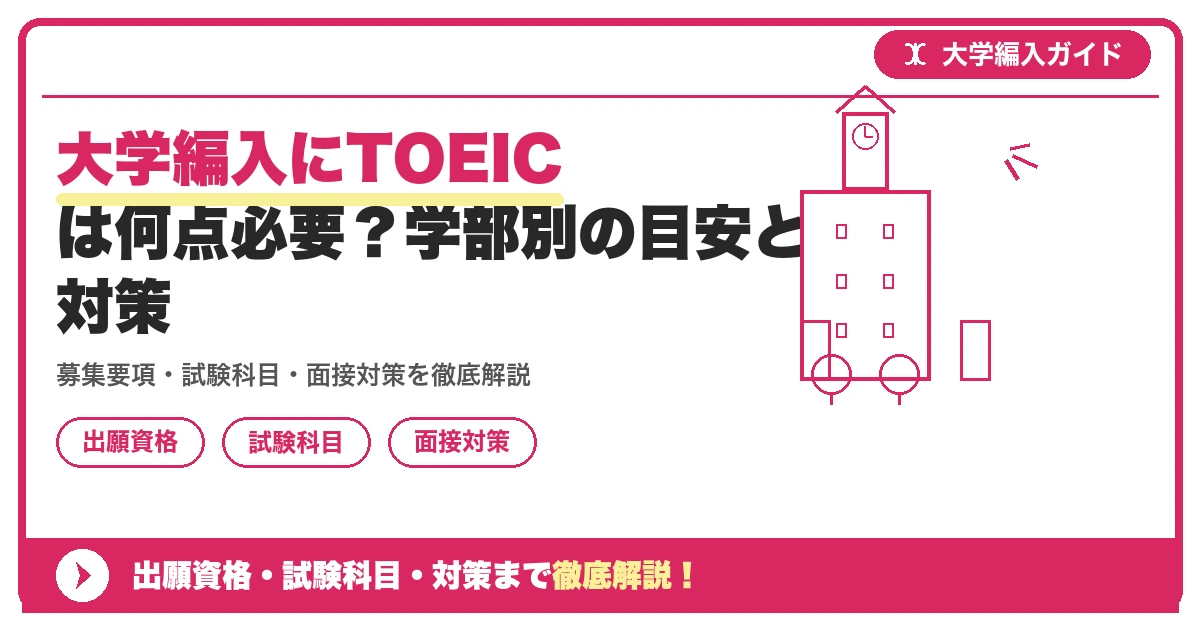 大学編入にTOEICは何点必要?学部別の目安と対策の記事アイキャッチ画像。大学編入対策の出願資格・試験科目・対策を示す図解。