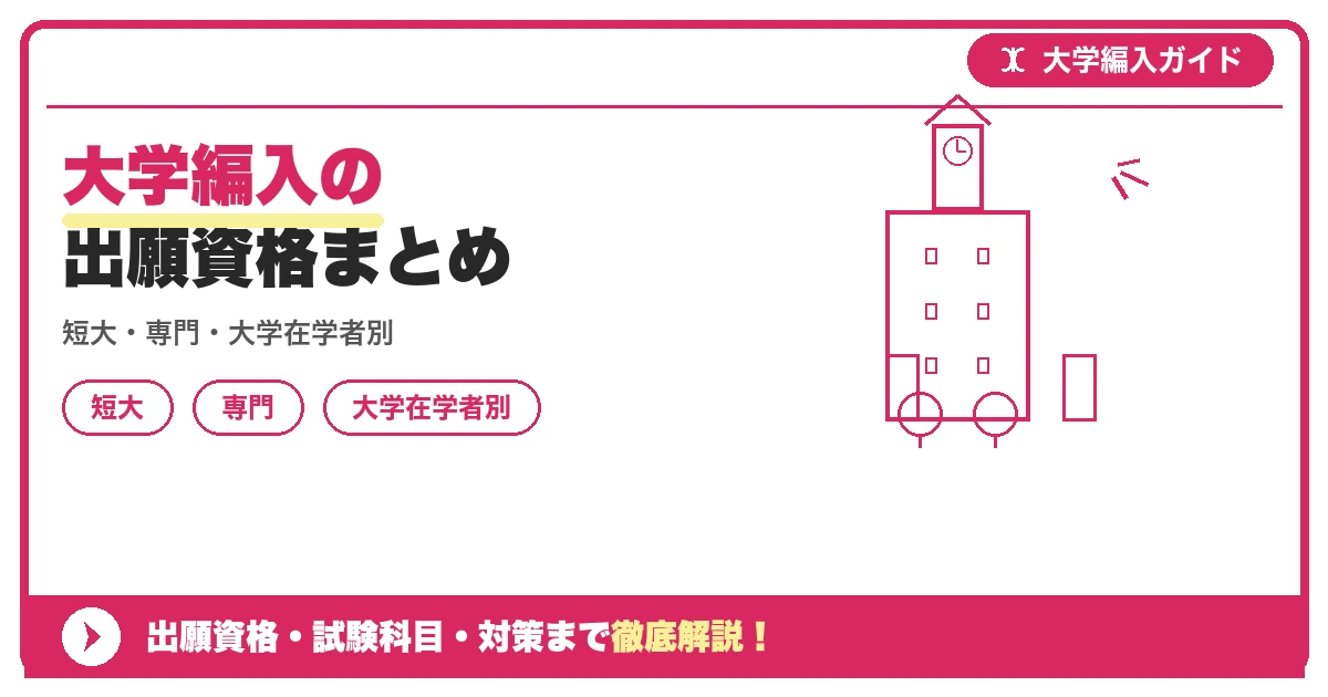 大学編入の出願資格まとめの記事アイキャッチ画像。大学編入対策の出願資格・試験科目・対策を示す図解。