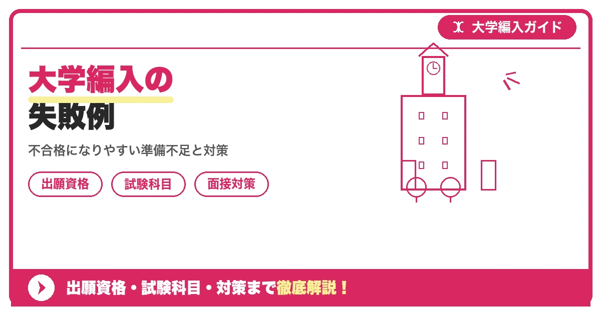 大学編入の失敗例の記事アイキャッチ画像。大学編入対策の出願資格・試験科目・対策を示す図解。