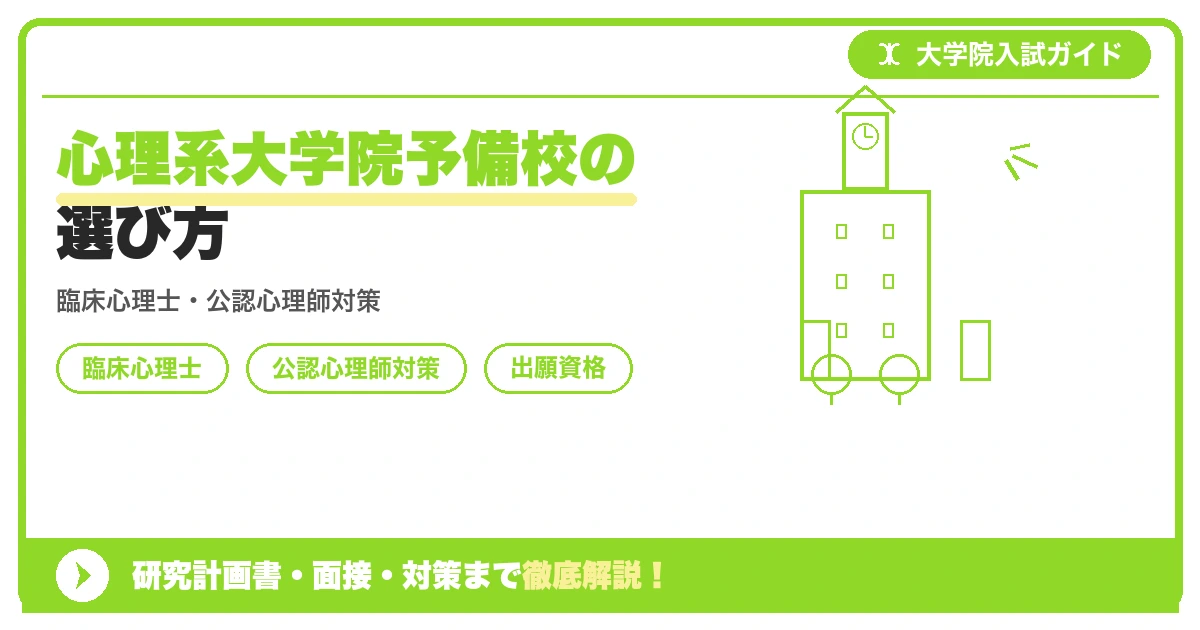 心理系大学院予備校の選び方の記事アイキャッチ画像。大学院入試対策の出願資格・試験科目・対策を示す図解。