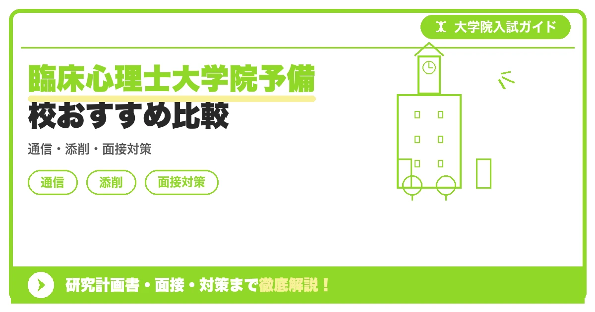 臨床心理士大学院予備校おすすめ比較の記事アイキャッチ画像。大学院入試対策の出願資格・試験科目・対策を示す図解。