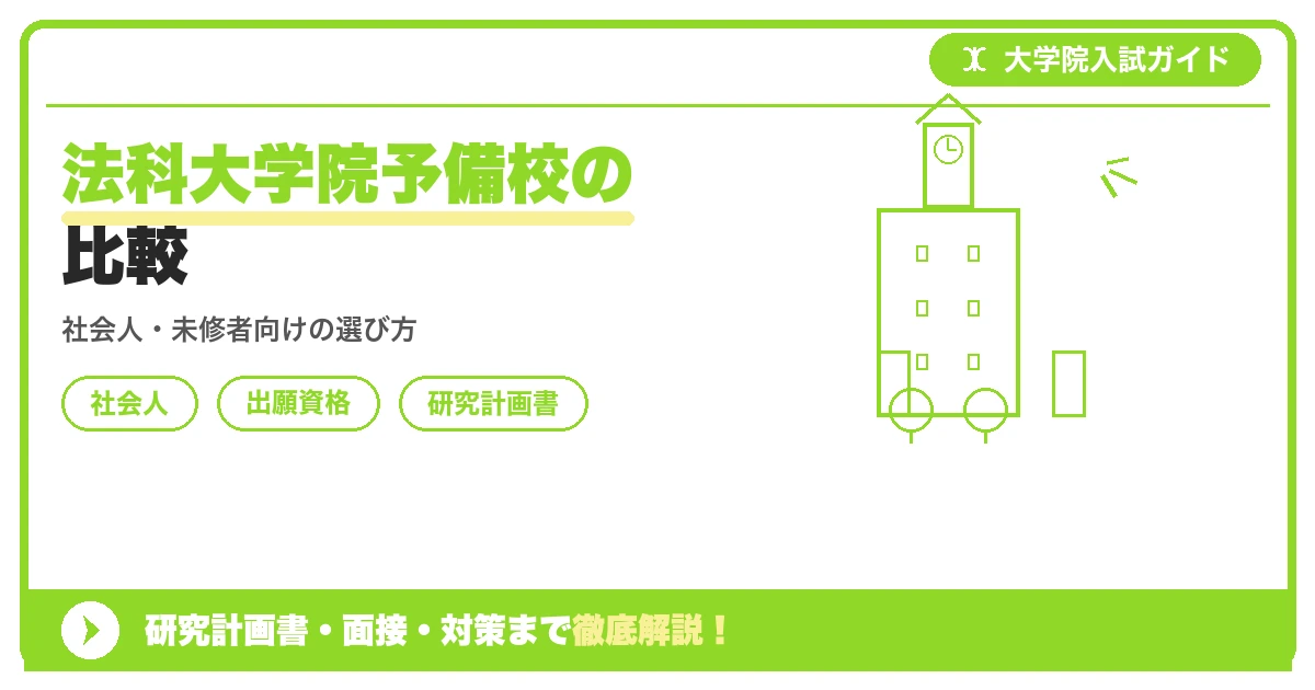 法科大学院予備校の比較の記事アイキャッチ画像。大学院入試対策の出願資格・試験科目・対策を示す図解。