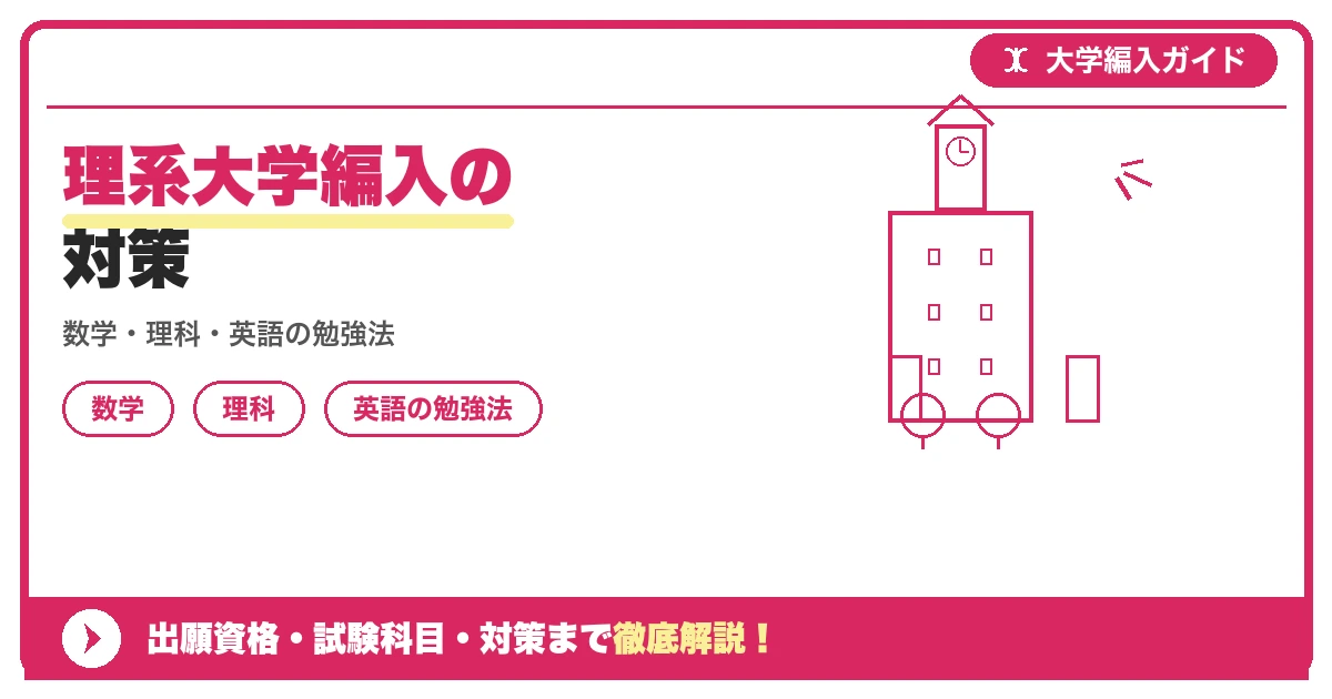 理系大学編入の対策の記事アイキャッチ画像。大学編入対策の出願資格・試験科目・対策を示す図解。