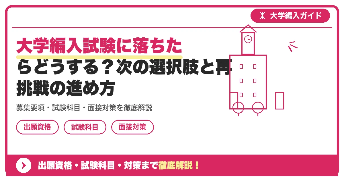 大学編入試験に落ちたらどうする?次の選択肢と再挑戦の進め方の記事アイキャッチ画像。大学編入対策の出願資格・試験科目・対策を示す図解。