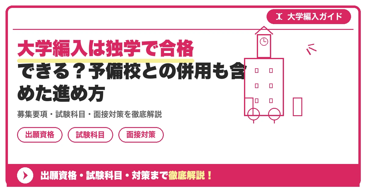 大学編入は独学で合格できる？予備校との併用も含めた進め方の記事アイキャッチ画像。大学編入対策の出願資格・試験科目・対策を示す図解。