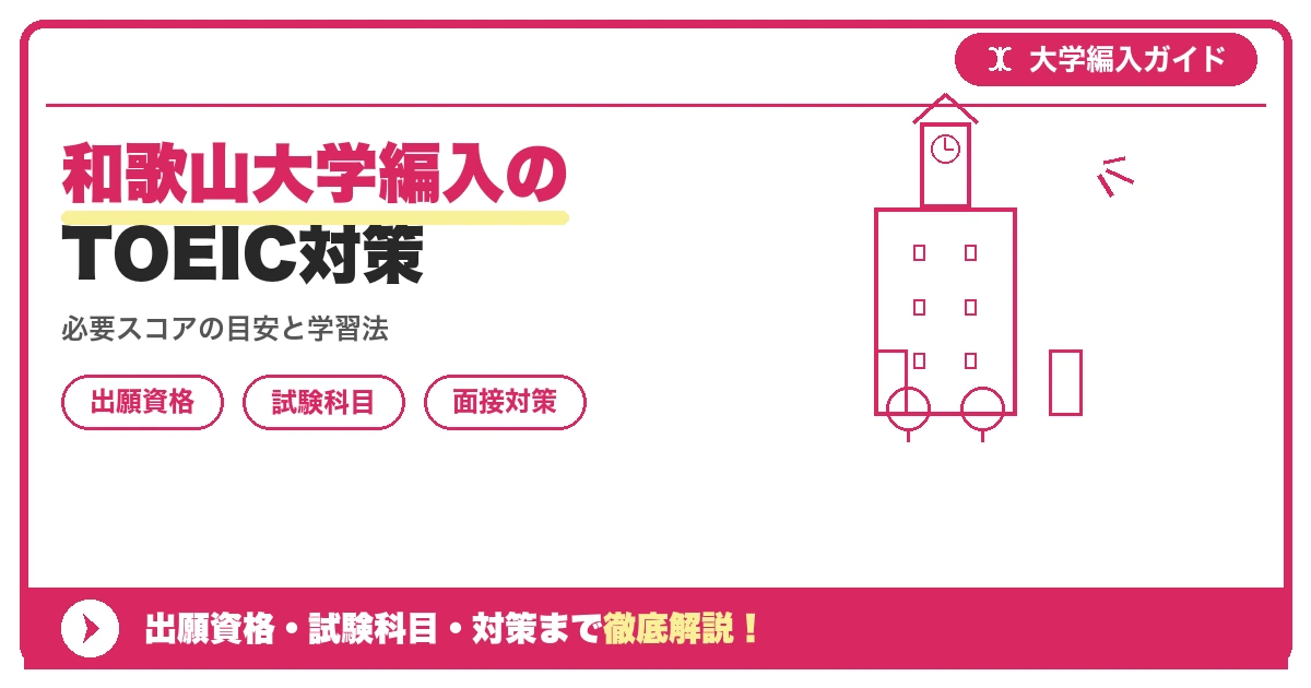 和歌山大学編入のTOEIC対策の記事アイキャッチ画像。大学編入対策の出願資格・試験科目・対策を示す図解。