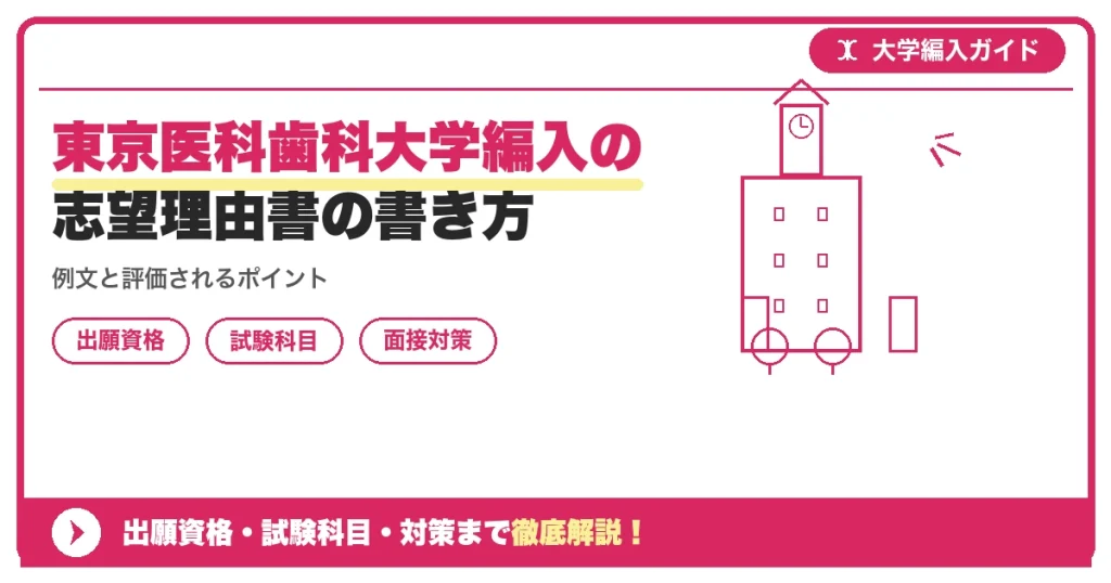 東京医科歯科大学編入の志望理由書の書き方の記事アイキャッチ画像。大学編入対策の出願資格・試験科目・対策を示す図解。