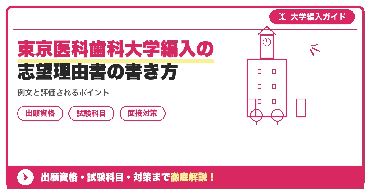 東京医科歯科大学編入の志望理由書の書き方の記事アイキャッチ画像。大学編入対策の出願資格・試験科目・対策を示す図解。