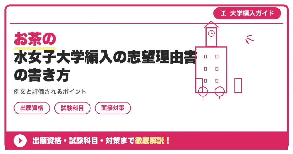 お茶の水女子大学編入の志望理由書の書き方の記事アイキャッチ画像。大学編入対策の出願資格・試験科目・対策を示す図解。