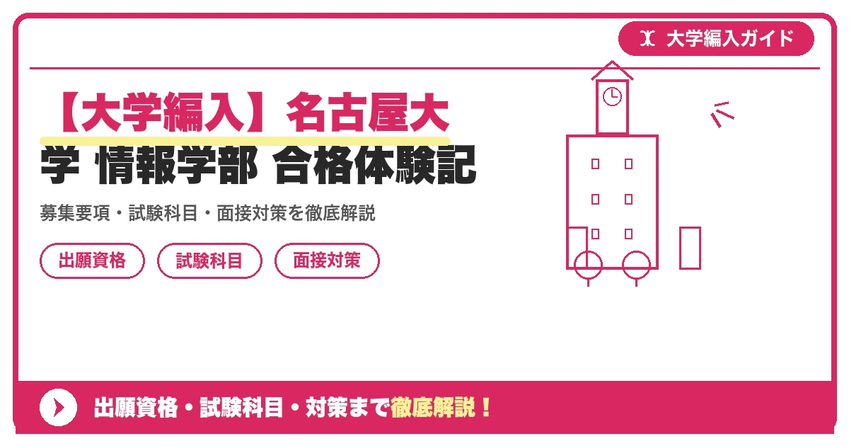【大学編入】名古屋大学 情報学部 合格体験記の記事アイキャッチ画像。大学編入対策の出願資格・試験科目・対策を示す図解。