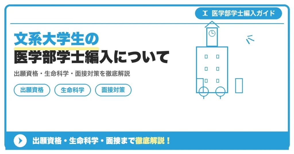 文系大学生の医学部学士編入についての記事アイキャッチ画像。医学部学士編入対策の出願資格・試験科目・対策を示す図解。