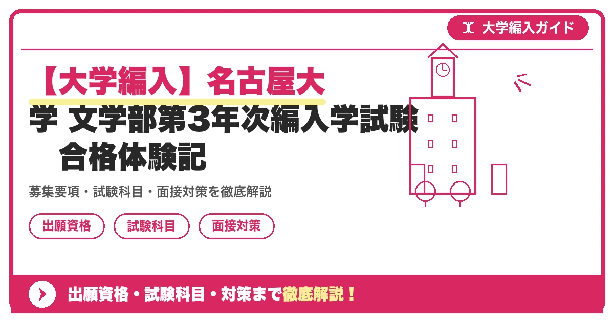 【大学編入】名古屋大学 文学部第3年次編入学試験 合格体験記の記事アイキャッチ画像。大学編入対策の出願資格・試験科目・対策を示す図解。