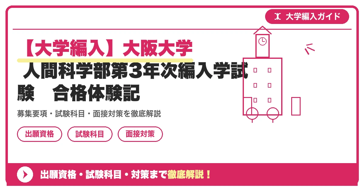 【大学編入】大阪大学 人間科学部第3年次編入学試験 合格体験記の記事アイキャッチ画像。大学編入対策の出願資格・試験科目・対策を示す図解。