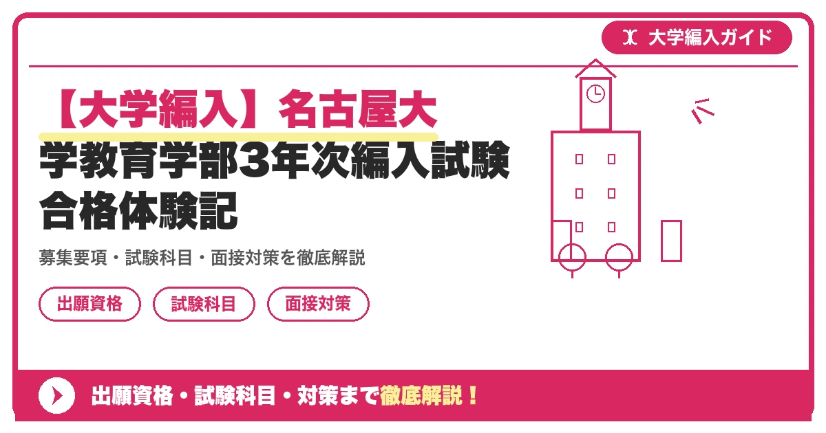 【大学編入】名古屋大学教育学部3年次編入試験　合格体験記の記事アイキャッチ画像。大学編入対策の出願資格・試験科目・対策を示す図解。