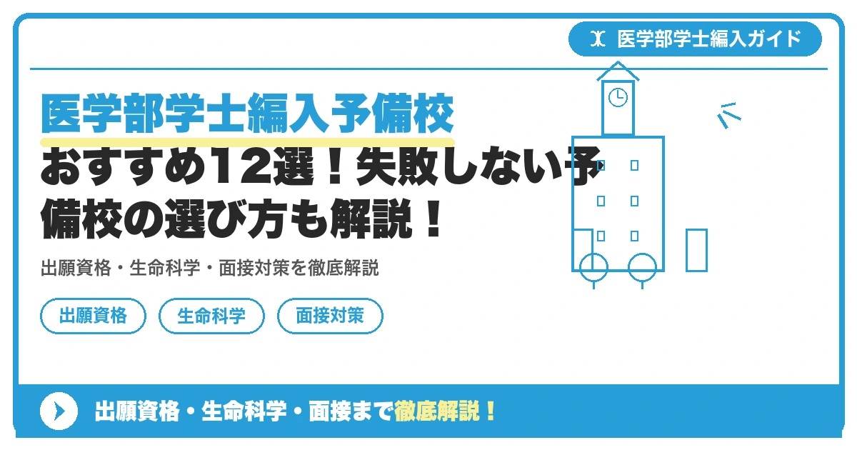 医学部学士編入予備校おすすめ12選!失敗しない予備校の選び方も解説!の記事アイキャッチ画像。医学部学士編入対策の出願資格・試験科目・対策を示す図解。