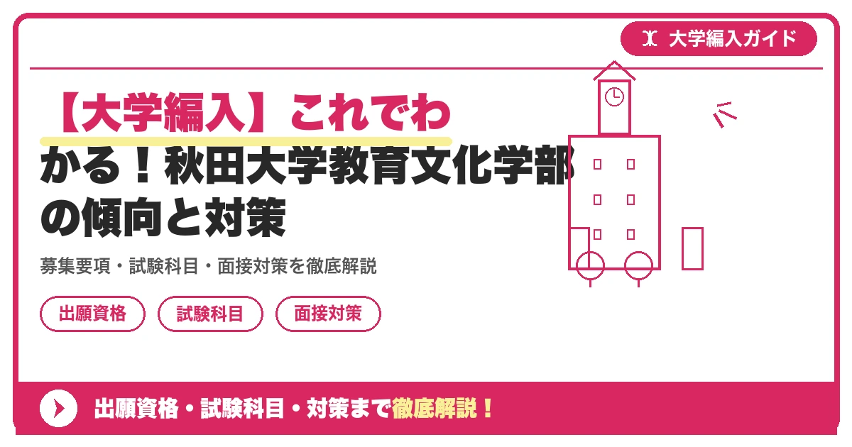 【大学編入】これでわかる！秋田大学教育文化学部の傾向と対策の記事アイキャッチ画像。大学編入対策の出願資格・試験科目・対策を示す図解。
