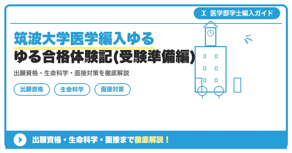 筑波大学医学編入ゆるゆる合格体験記(受験準備編)の記事アイキャッチ画像。医学部学士編入対策の出願資格・試験科目・対策を示す図解。
