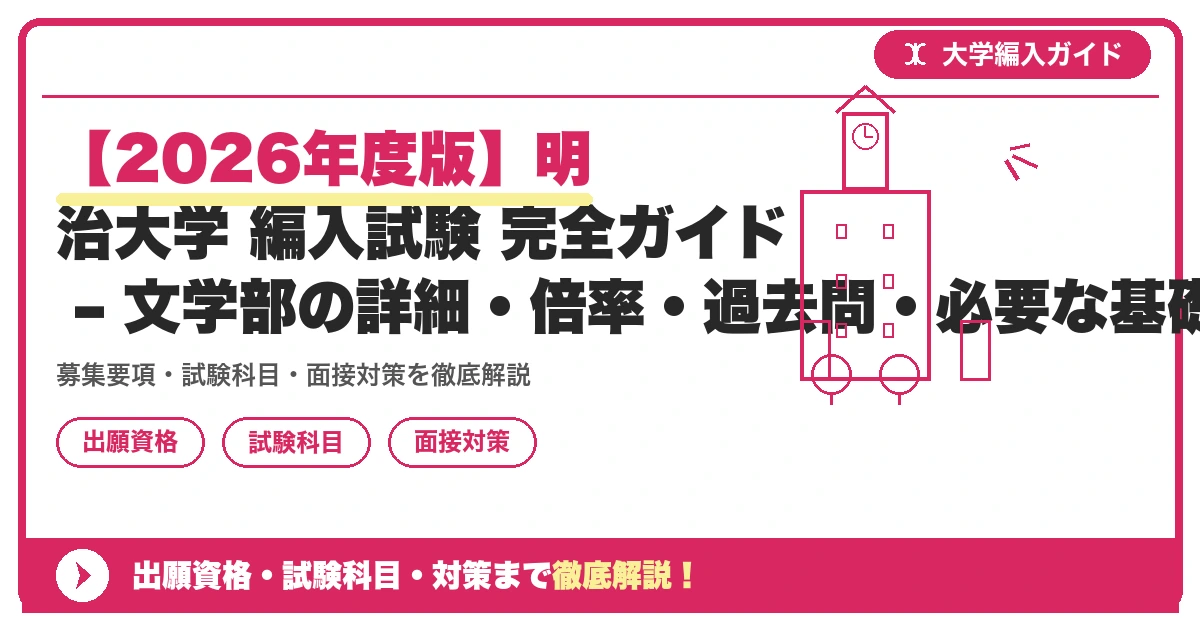 【2026年度版】明治大学 編入試験 完全ガイド – 文学部の詳細・倍率・過去問・必要な基礎学力まで徹底解説の記事アイキャッチ画像。大学編入対策の出願資格・試験科目・対策を示す図解。