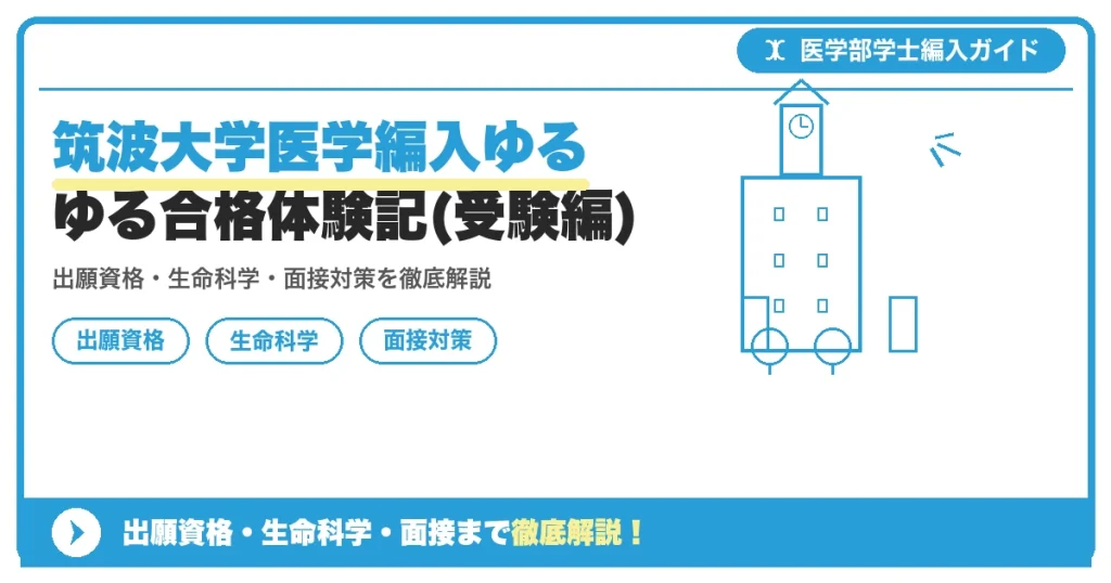 筑波大学医学編入ゆるゆる合格体験記(受験編)の記事アイキャッチ画像。医学部学士編入対策の出願資格・試験科目・対策を示す図解。