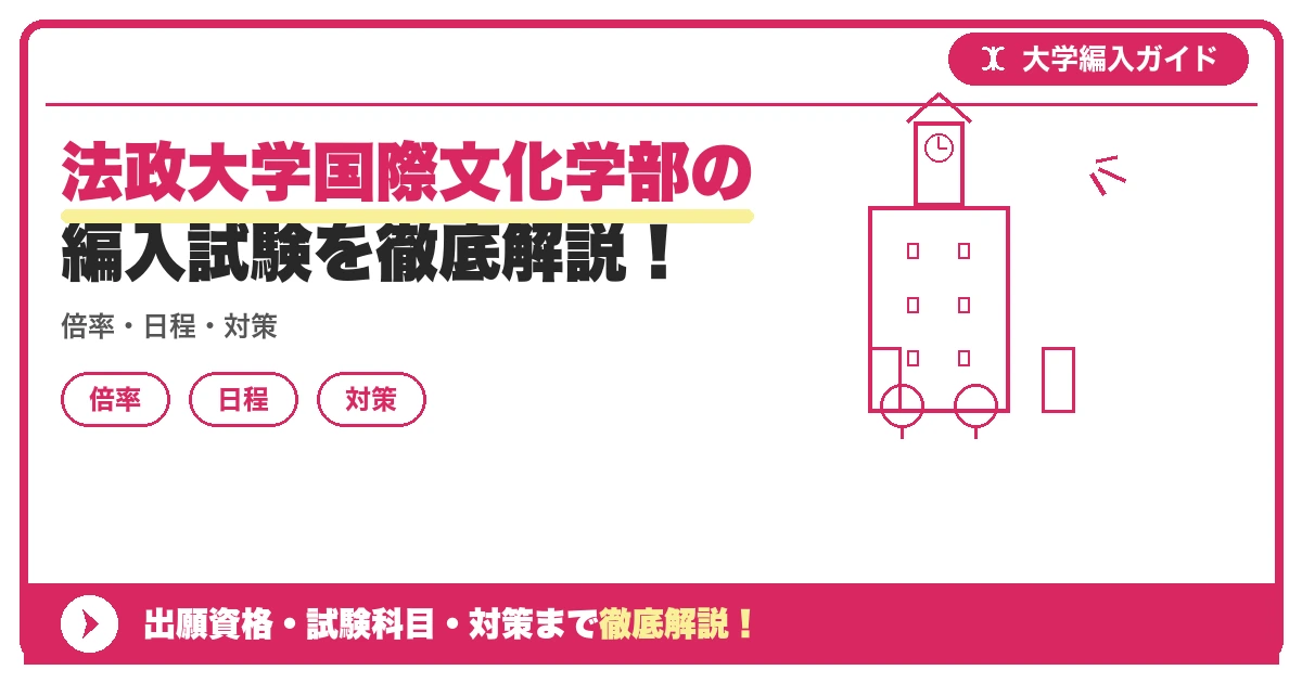 法政大学国際文化学部の編入試験を徹底解説!の記事アイキャッチ画像。大学編入対策の出願資格・試験科目・対策を示す図解。
