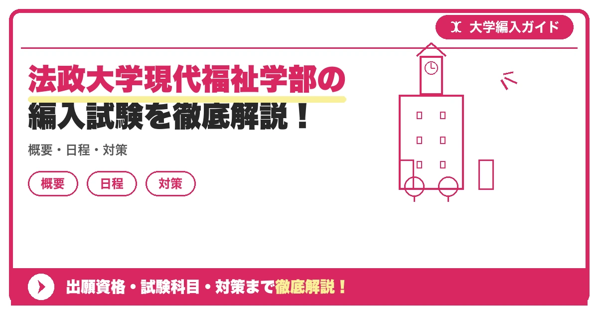 法政大学現代福祉学部の編入試験を徹底解説!の記事アイキャッチ画像。大学編入対策の出願資格・試験科目・対策を示す図解。