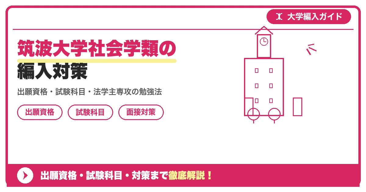 筑波大学社会学類の編入対策の記事アイキャッチ画像。大学編入対策の出願資格・試験科目・対策を示す図解。