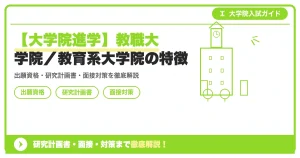 【大学院進学】教職大学院／教育系大学院の特徴の記事アイキャッチ画像。大学院入試対策の出願資格・試験科目・対策を示す図解。
