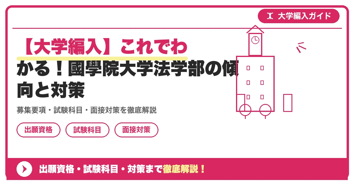 【大学編入】これでわかる!國學院大学法学部の傾向と対策の記事アイキャッチ画像。大学編入対策の出願資格・試験科目・対策を示す図解。