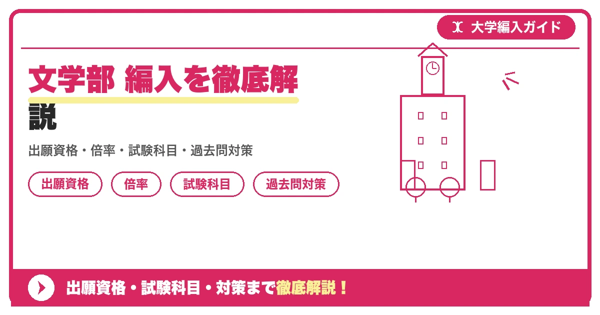 文学部 編入を徹底解説の記事アイキャッチ画像。大学編入対策の出願資格・試験科目・対策を示す図解。