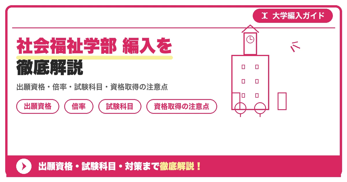 社会福祉学部 編入を徹底解説の記事アイキャッチ画像。大学編入対策の出願資格・試験科目・対策を示す図解。