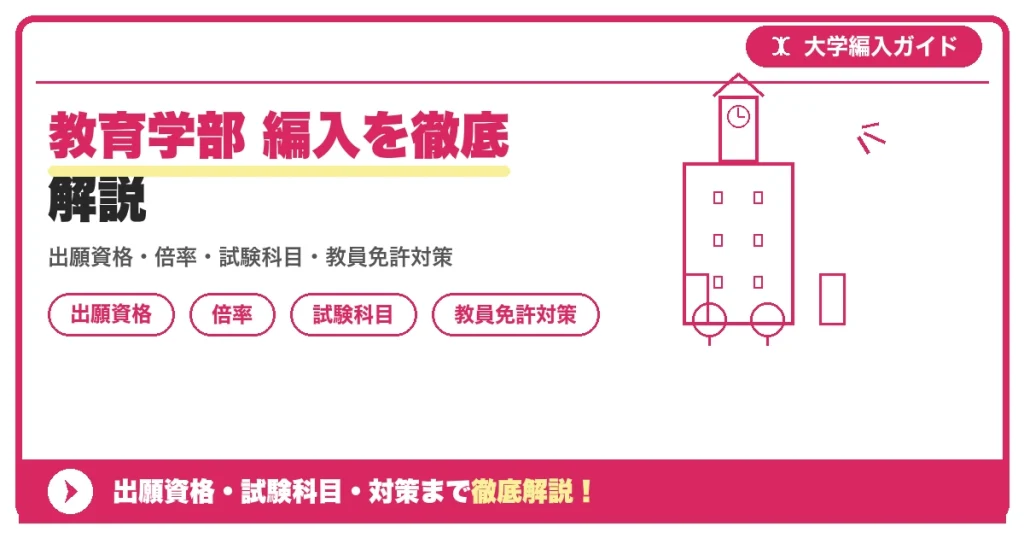 教育学部 編入を徹底解説の記事アイキャッチ画像。大学編入対策の出願資格・試験科目・対策を示す図解。