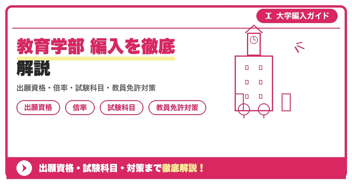 教育学部 編入を徹底解説の記事アイキャッチ画像。大学編入対策の出願資格・試験科目・対策を示す図解。