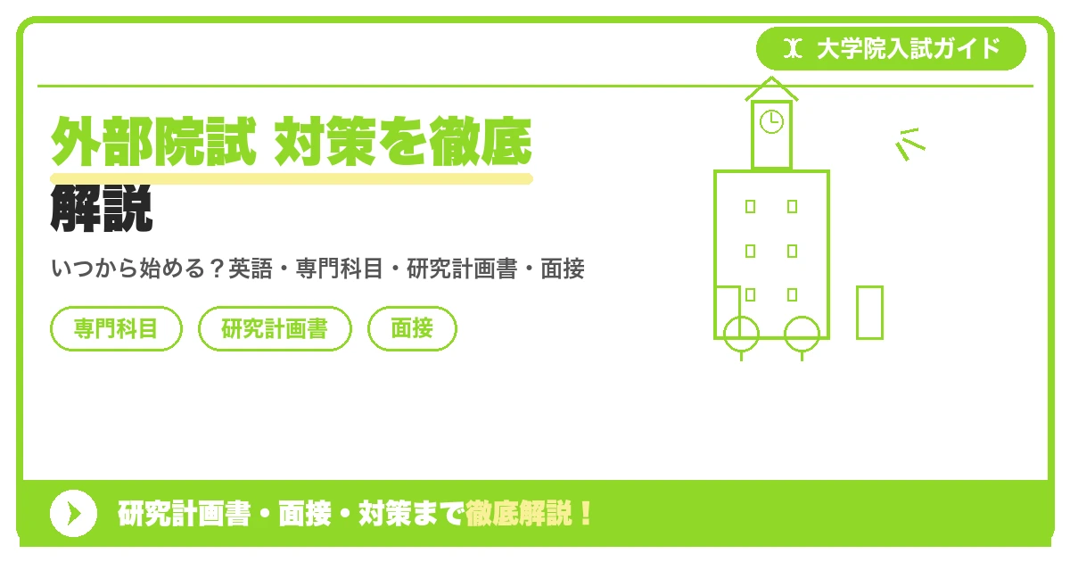 外部院試 対策を徹底解説の記事アイキャッチ画像。大学院入試対策の出願資格・試験科目・対策を示す図解。