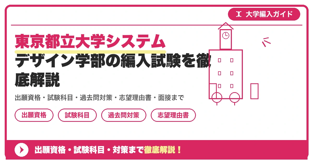 東京都立大学システムデザイン学部の編入試験を徹底解説の記事アイキャッチ画像。大学編入対策の出願資格・試験科目・対策を示す図解。