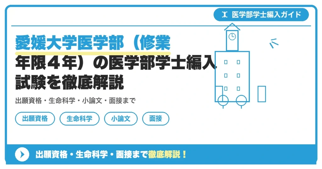 愛媛大学医学部（修業年限４年）の医学部学士編入試験を徹底解説の記事アイキャッチ画像。医学部学士編入対策の出願資格・試験科目・対策を示す図解。