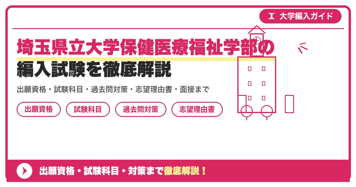 埼玉県立大学保健医療福祉学部の編入試験を徹底解説の記事アイキャッチ画像。大学編入対策の出願資格・試験科目・対策を示す図解。