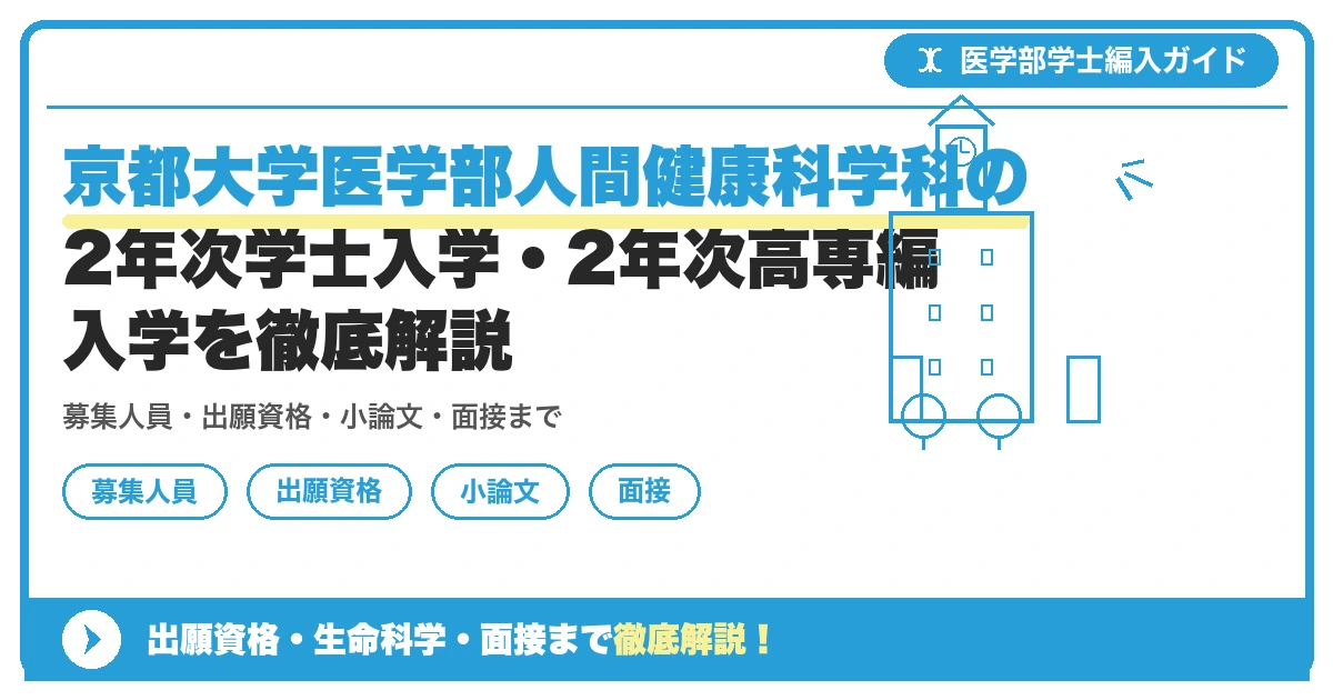 京都大学医学部人間健康科学科の2年次学士入学・2年次高専編入学を徹底解説の記事アイキャッチ画像。医学部学士編入対策の出願資格・試験科目・対策を示す図解。