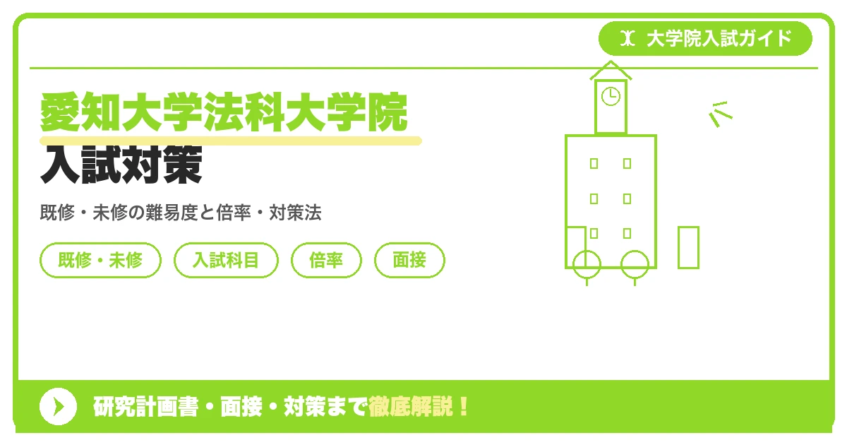 愛知大学法科大学院の入試を徹底解説する記事のアイキャッチ画像。既修・未修コースの難易度・倍率・対策をまとめたテキストを配置