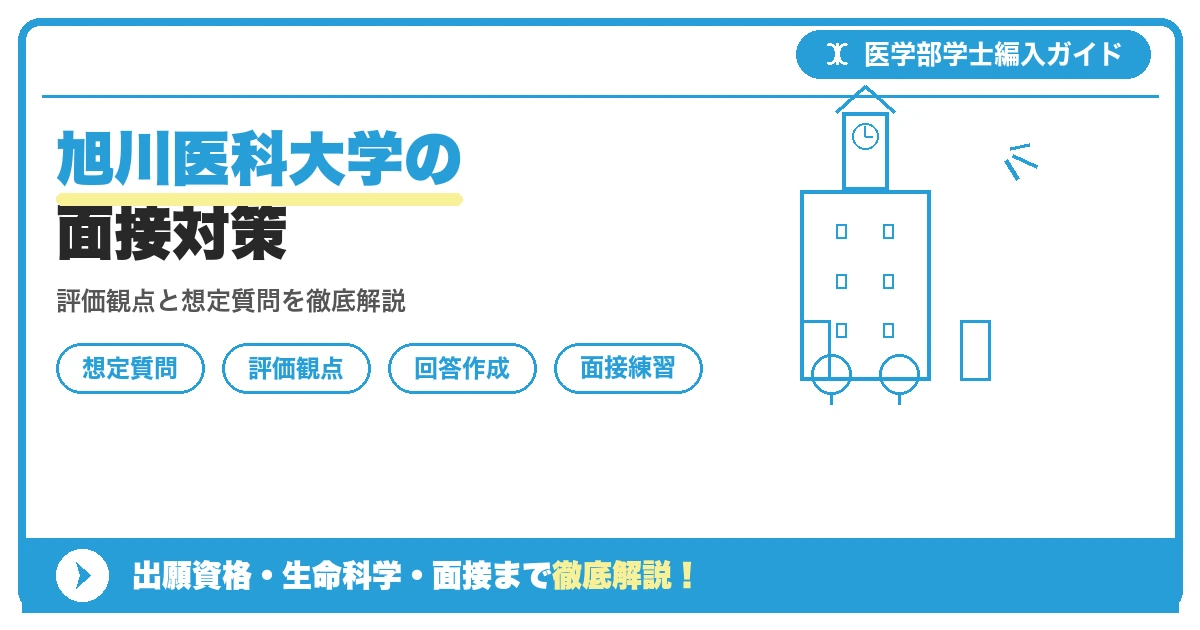 旭川医科大学医学部学士編入学試験の個人面接対策を解説する記事のアイキャッチ画像。評価観点と想定質問のポイントを図示