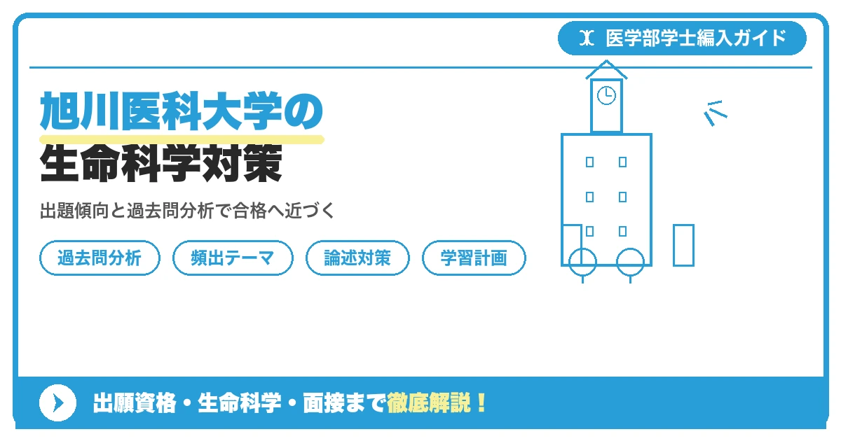 旭川医科大学医学部学士編入の生命科学試験について、配点・出題傾向・過去問分析・頻出テーマ別対策をまとめた解説記事のアイキャッチ画像