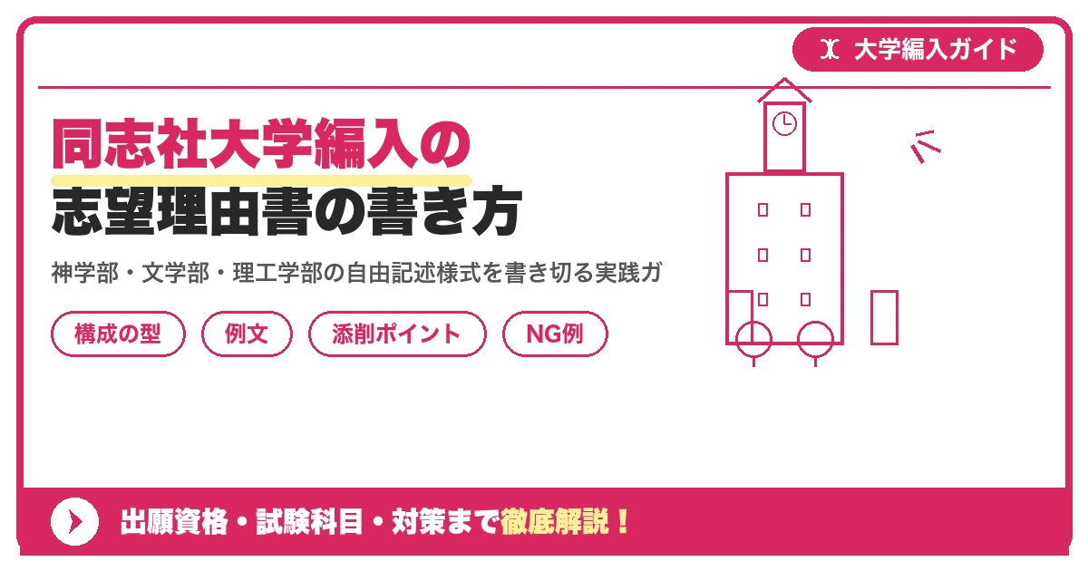 同志社大学編入の志望理由書の書き方|例文と評価されるポイントを示すアイキャッチ画像