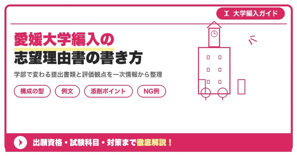 愛媛大学編入の志望理由書の書き方｜例文と評価されるポイントを示すアイキャッチ画像